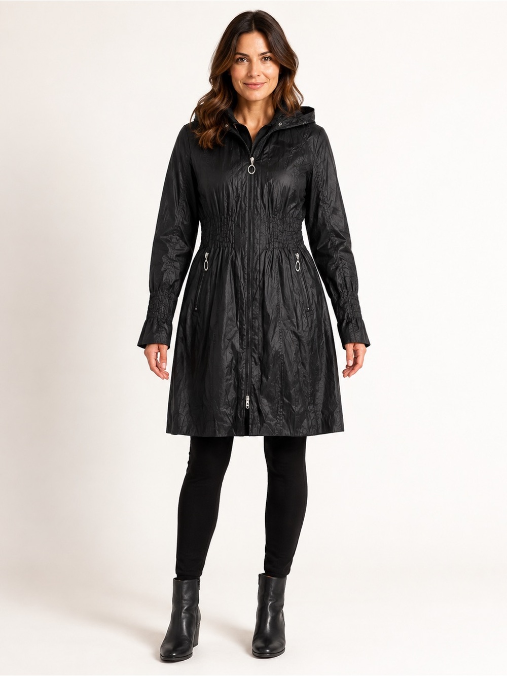 Gerry Weber Black Crinkle Hooded Cinched Raincoat Jacket EU 40 US 10 / Med